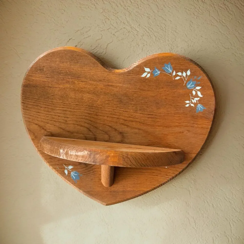 Vintage Wood Heart Wall Shelf Blue Tulip Stencil 1980s Country Cottage Folk Art